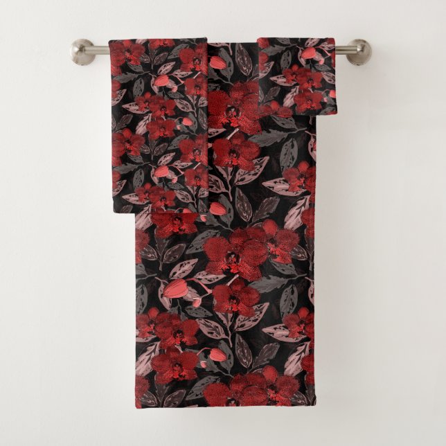 Conjunto De Toalhas Orquídeas vermelhas em preto. (Insitu)