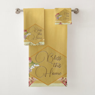 Conjunto De Toalhas ouro "Bless this Home" Floral