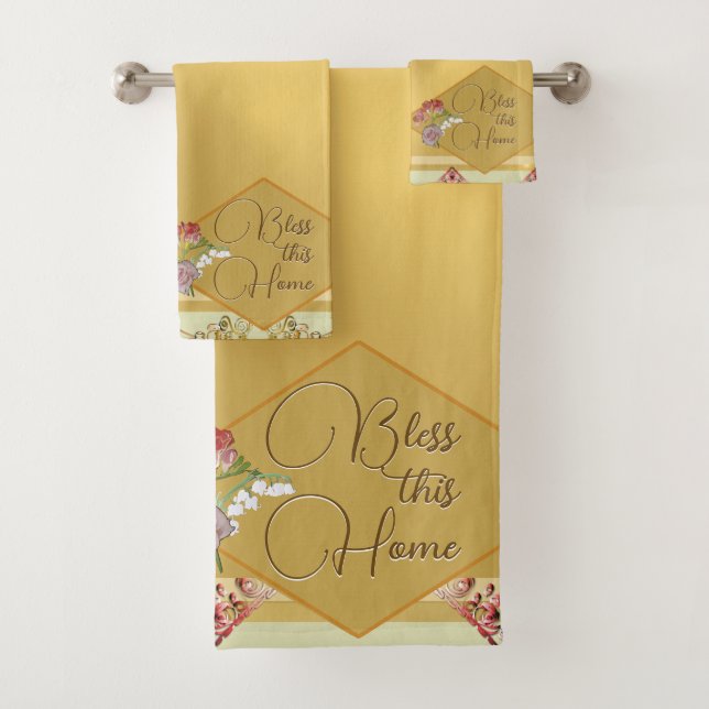 Conjunto De Toalhas ouro "Bless this Home" Floral (Insitu)