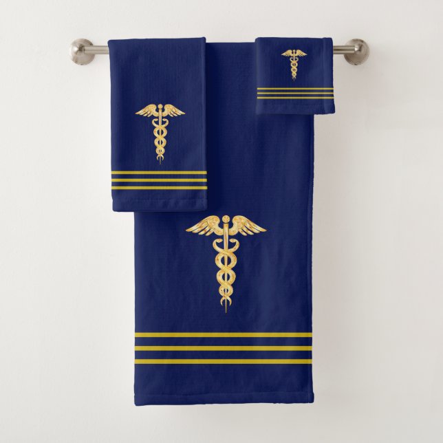 Conjunto De Toalhas Ouro Caduceus & Stripes no Marinho Azul (Insitu)