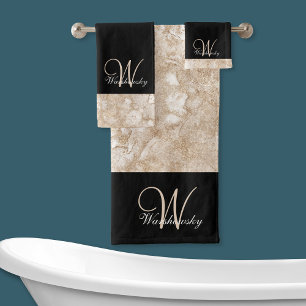 Conjunto De Toalhas Ouro Elegante Personalizado, Tom e Monograma Preto