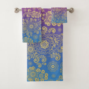 Conjunto De Toalhas Ouro Luxury Paisley em Azul, Púrpura e Laranja