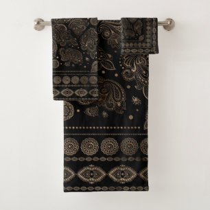 Conjunto De Toalhas Ouro oriental do ornamento de Paisley no preto