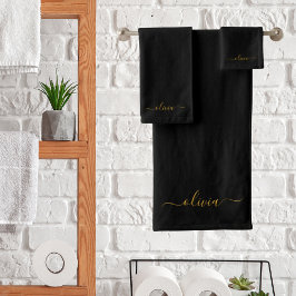 Conjunto De Toalhas Ouro Preto Moderno Nome Monograma Feminino em Rótu