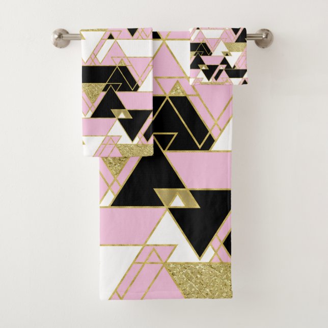 Conjunto De Toalhas Ouro Rosa Preto Branco Boho Glam Padrão de Triângu (Insitu)