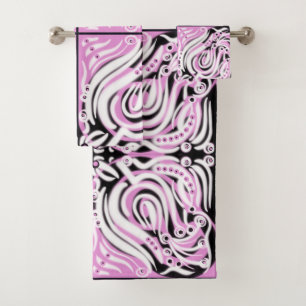 Conjunto De Toalhas Padrão Abstrato Curly Preto Branco Rosa