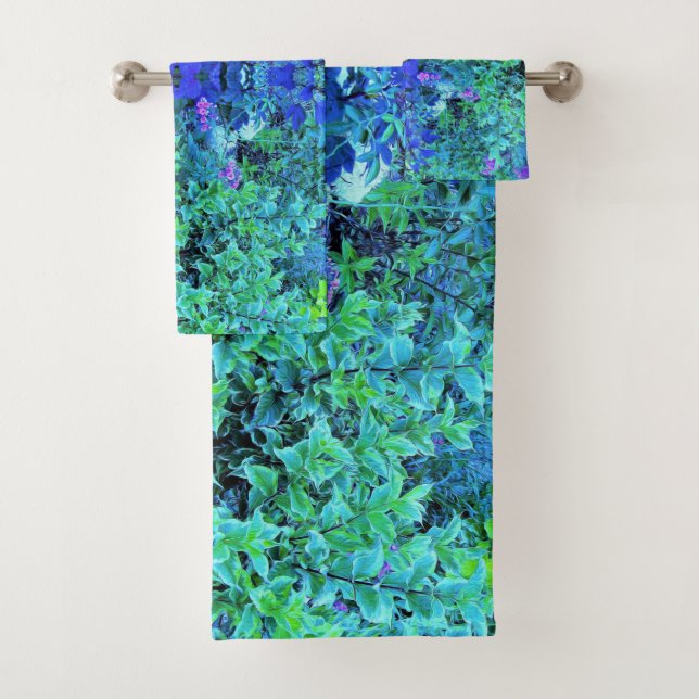 Conjunto De Toalhas Padrão Abstrato de Folhagem em Chartreuse e Azul (Insitu)