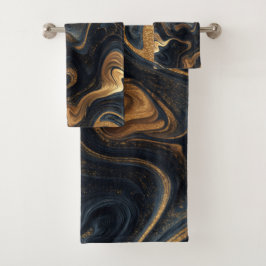 Conjunto De Toalhas Padrão Abstrato de Movimento Fluido Dourado Marinh