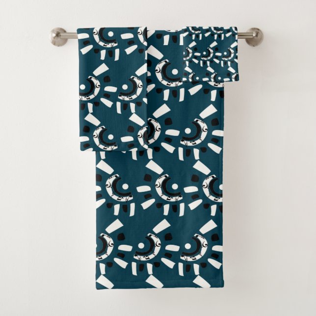 Conjunto De Toalhas Padrão Abstrato Geométrico Branco Azul Moderno (Insitu)