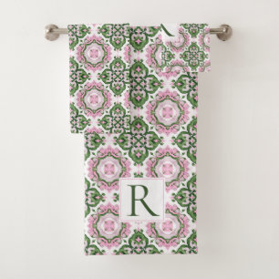 Conjunto De Toalhas Padrão abstrato mediterrâneo verde rosa