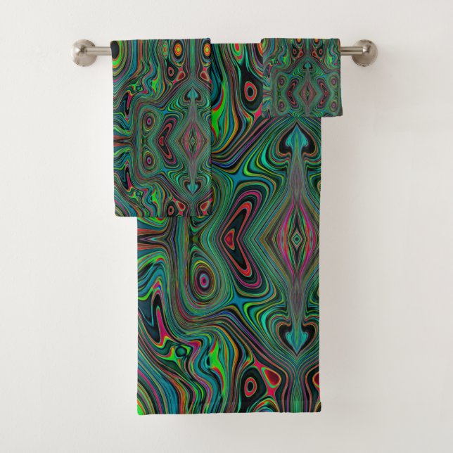 Conjunto De Toalhas Padrão Abstrato Trippy Retro Preto e Verde Lima (Insitu)