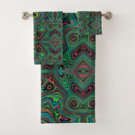 Conjunto De Toalhas Padrão Abstrato Trippy Retro Preto e Verde Lima