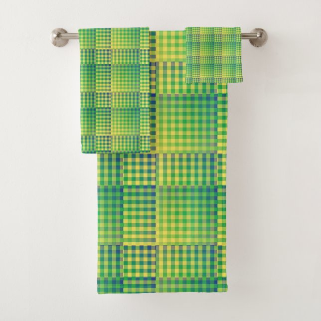 Conjunto De Toalhas Padrão Abstrato Xadrez Verde Azul (Insitu)