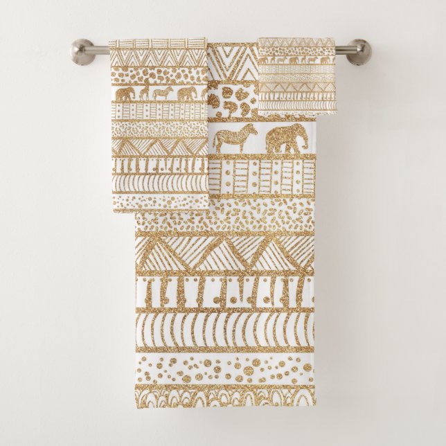 Conjunto De Toalhas Padrão Africano Dourado Tribal Trendy White (Insitu)