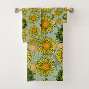 Conjunto De Toalhas Padrão Amarelo de Girassol no Fundo do Teal