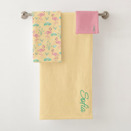 Conjunto De Toalhas Padrão amarelo rosa Flamingo
