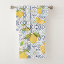 Conjunto De Toalhas Padrão Aquarela de Limão Siciliano com Azul Ornate
