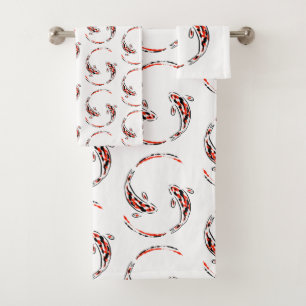 Conjunto De Toalhas Padrão Artístico do Peixe Koi Negro e Vermelho Jap