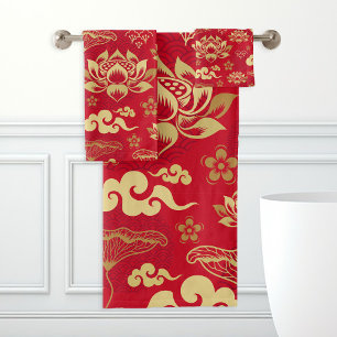 Conjunto De Toalhas Padrão Asiático Oriental Floral Lótus Chinês Na Mo