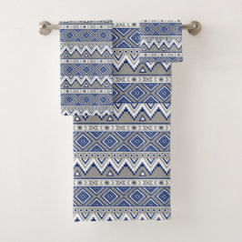 Conjunto De Toalhas padrão aztec cinza azul