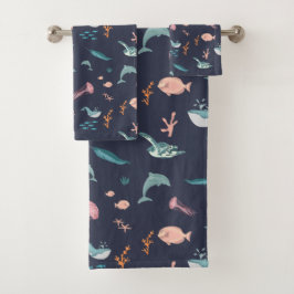 Conjunto De Toalhas Padrão Azul de Animais do Mar do Oceano de Aquarel