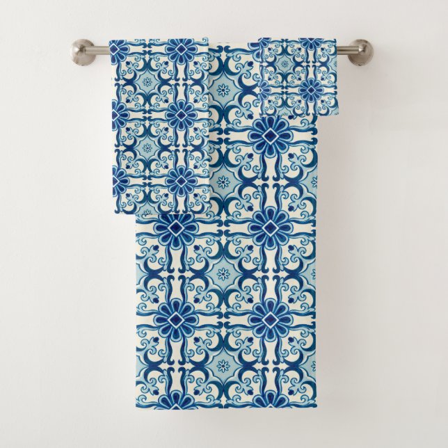 Conjunto De Toalhas Padrão Azulejos Azul de Azulejo Floral (Insitu)