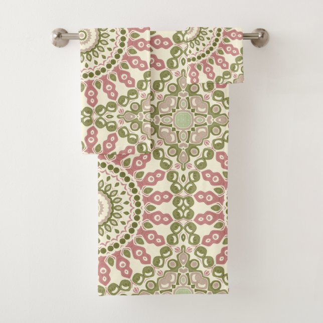 Conjunto De Toalhas Padrão Boêmio Vintage Mandala Rosa e Verde (Insitu)
