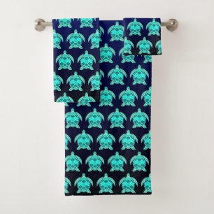 Conjunto De Toalhas Padrão Bonito azul de tartarugas verdes em tartar
