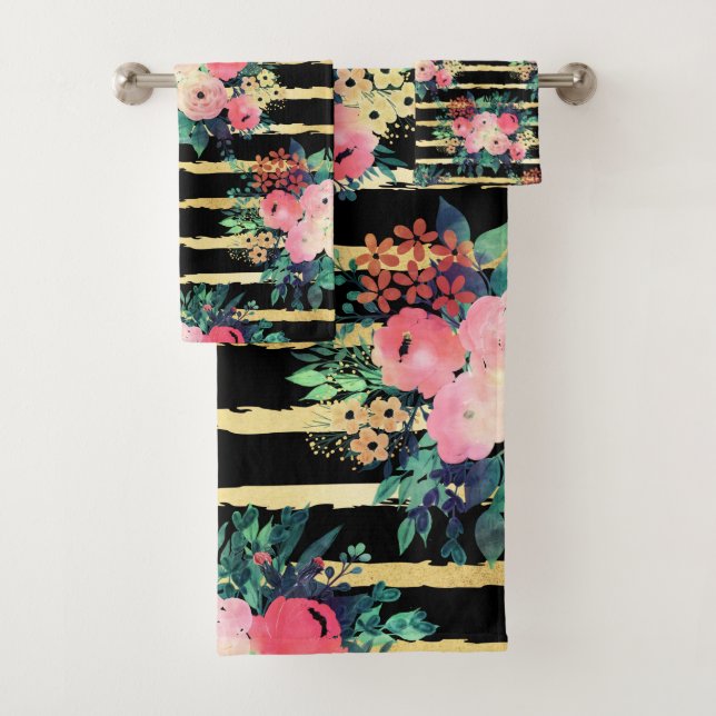 Conjunto De Toalhas Padrão Bonito de  Flores de Tinta Dourada (Insitu)