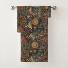 Conjunto De Toalhas Padrão Botânico de Terracota Salvia Boho Escuro