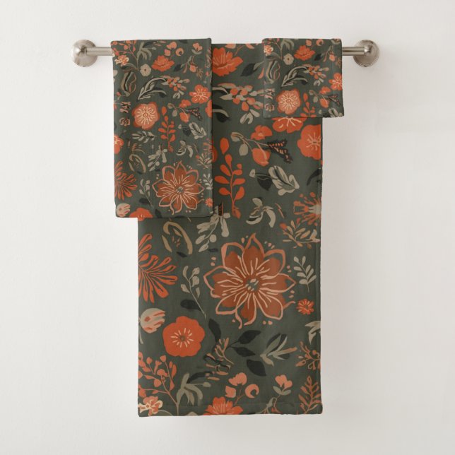 Conjunto De Toalhas Padrão Botânico de Terracota Salvia Dark Boho (Insitu)