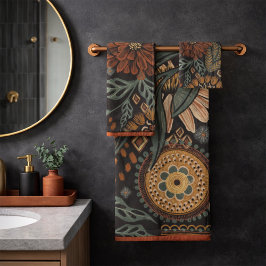 Conjunto De Toalhas Padrão Botânico de Terracota Salvia Dark Boho