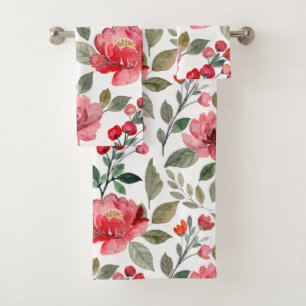 Conjunto De Toalhas Padrão Botânico Floral Vermelho Moderno
