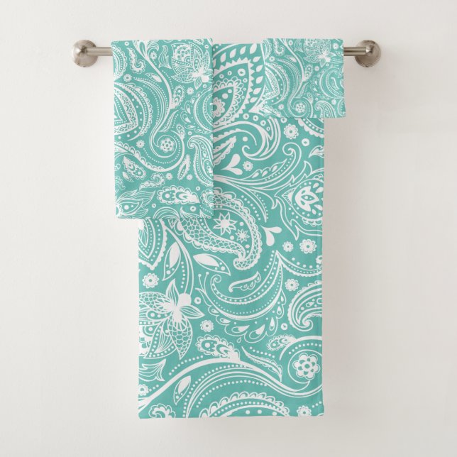Conjunto De Toalhas Padrão branco da paisagem sobre fundo turquesa (Insitu)