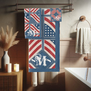 Conjunto De Toalhas Padrão Branco Vermelho Estrelas e Stripes Monogram