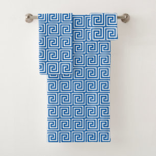 Conjunto De Toalhas Padrão-chave grego, azul-ceruliano e banho branco