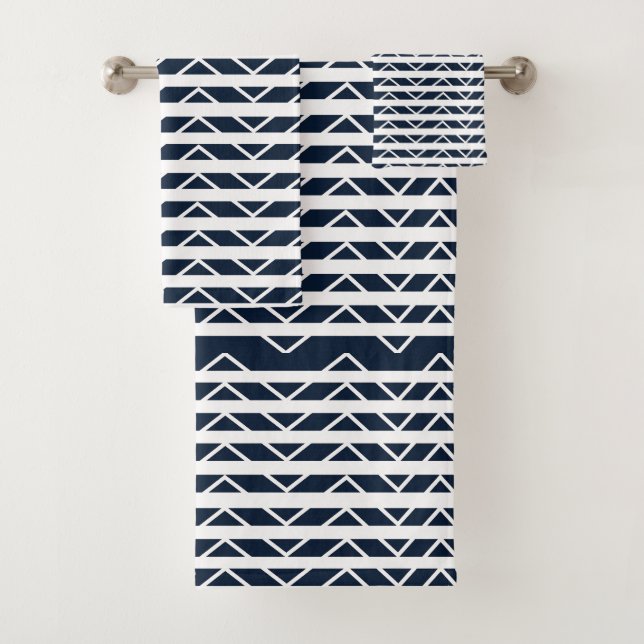 Conjunto De Toalhas Padrão Chevron Azul Marinho Branco   (Insitu)