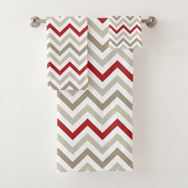 Conjunto De Toalhas Padrão Chevron Branco da Cinza Vermelha (Insitu)