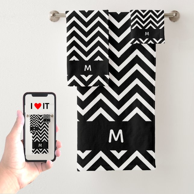 Conjunto De Toalhas Padrão Chic Chevron em Monograma Preto e Branco (Criador carregado)