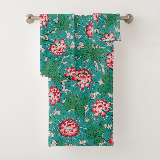 Conjunto De Toalhas Padrão Chinês de Teal Verde Rosa Vermelho (Insitu)