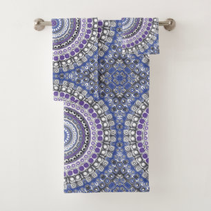 Conjunto De Toalhas Padrão Circular Geométrico de Mandala Azul e Roxo