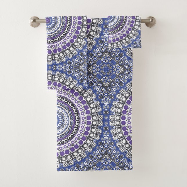 Conjunto De Toalhas Padrão Circular Geométrico de Mandala Azul e Roxo (Insitu)