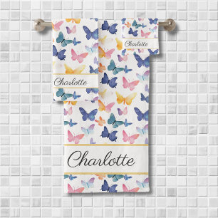 Conjunto De Toalhas Padrão Colorido Aquarela Borboleta Nome Personaliz