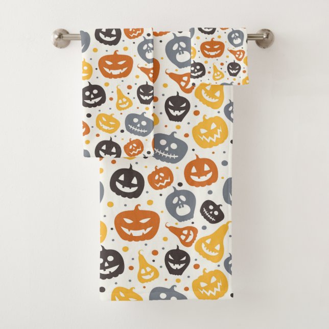 Conjunto De Toalhas Padrão Colorido Jack-O'-Lanterna Rostos (Insitu)