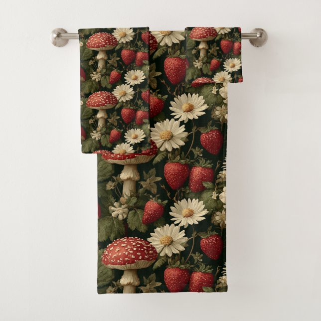 Conjunto De Toalhas Padrão contínuo com Fly Agaric Vermelho e Flores (Insitu)