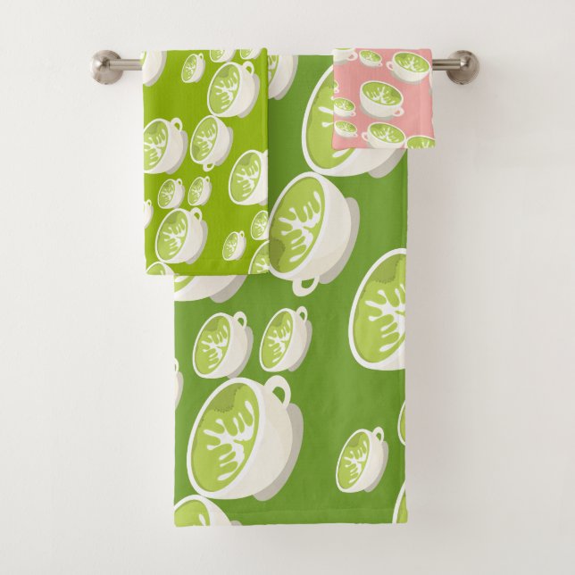 Conjunto De Toalhas Padrão contínuo de arte de latte de matcha fofo (Insitu)
