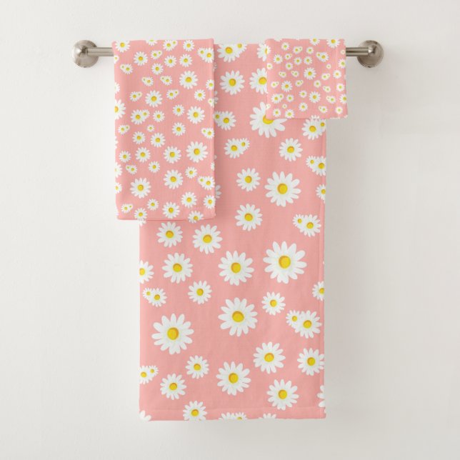 Conjunto De Toalhas Padrão Coral Pink Boho Primavera Daisies (Insitu)