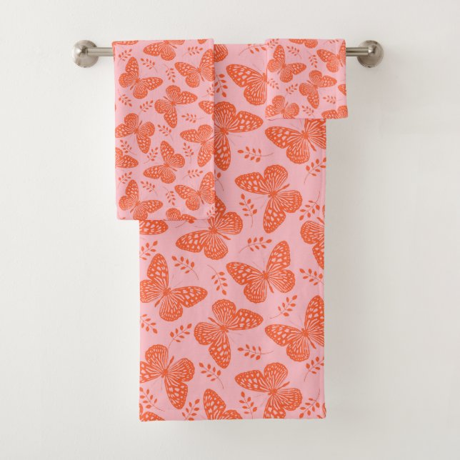 Conjunto De Toalhas Padrão da borboleta laranja sobre fundo rosa (Insitu)
