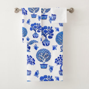 Conjunto De Toalhas Padrão das árvores Bonsai em azul-cobalto e branco
