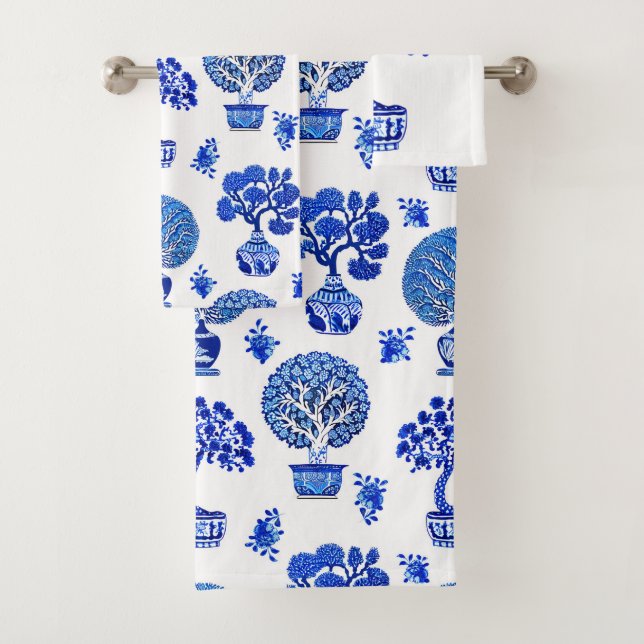 Conjunto De Toalhas Padrão das árvores Bonsai em azul-cobalto e branco (Insitu)